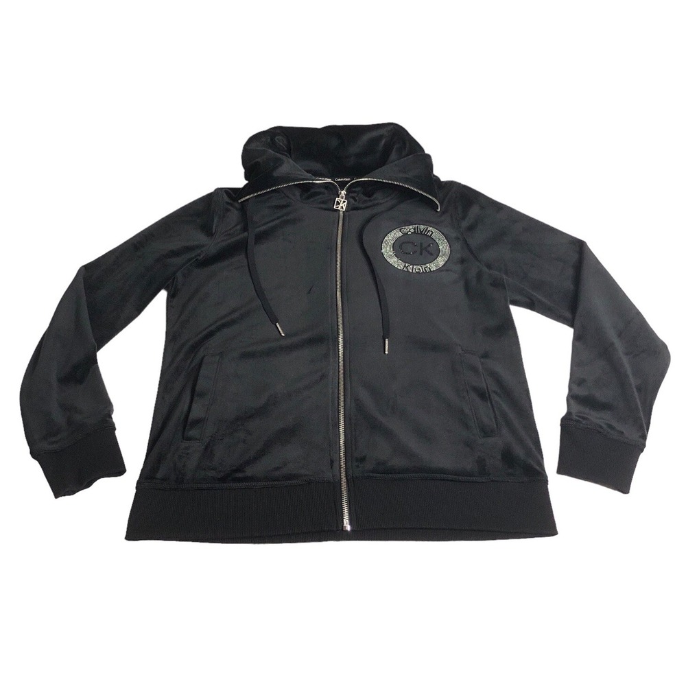 Y2K Calvin Klein Velour Track Jacket Women M Black Rhinestone McBling Full Zip